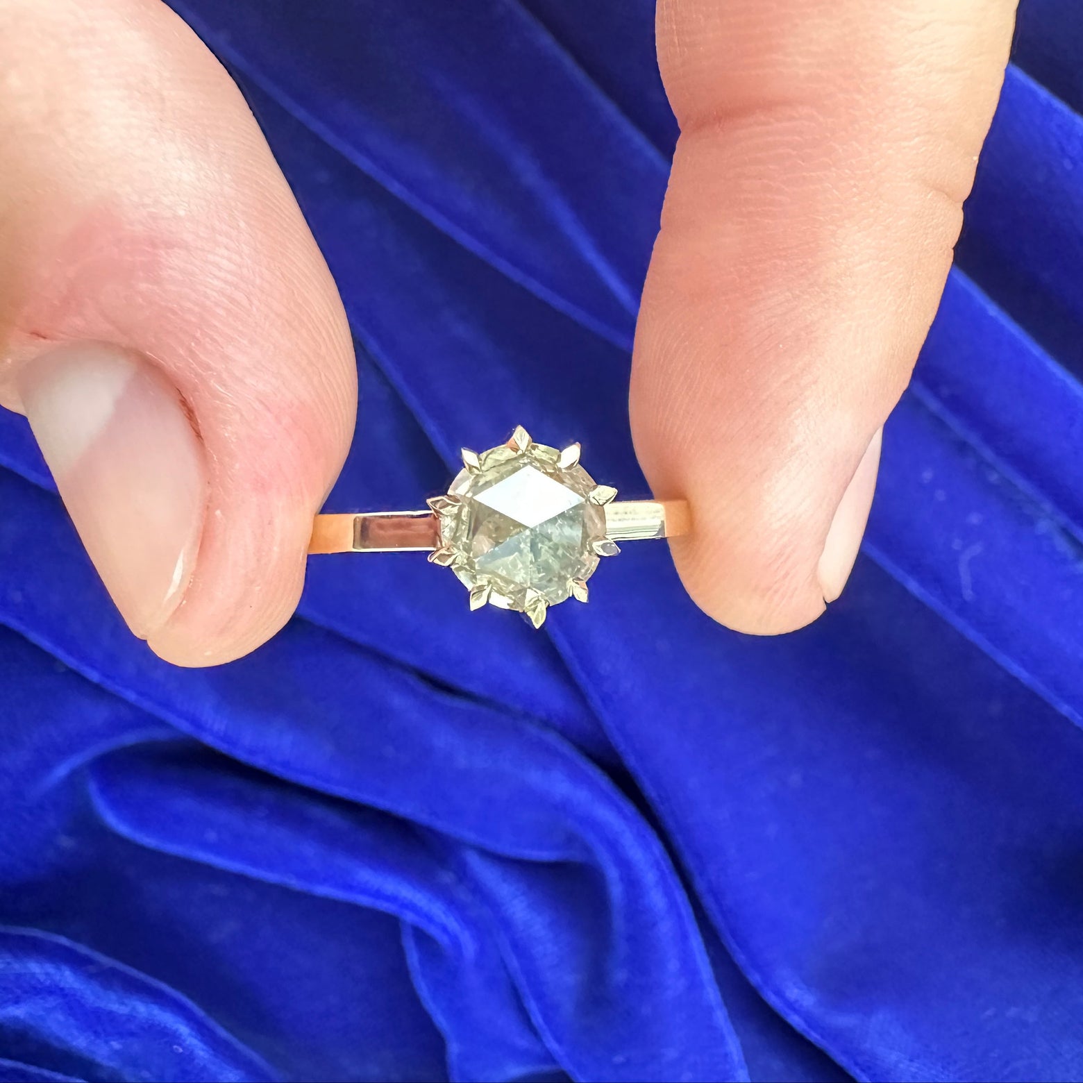 14k Yellow Gold 10-Claw-Prongs-set 1.88ct Salt-and-pepper Champange Diamond Custom Engagement Ring, size 6.5