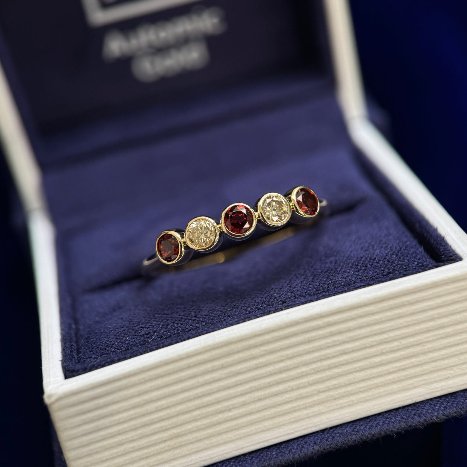 14k Yellow Gold and Bezel set 3pc 3mm Round Garnets and 2pc 3mm Champagne Diamonds on 1.5mm Round Band Custom Ring, size 12.25