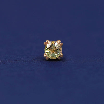 Front facing view of a 14k yellow gold Peridot Flat Back Earring on a dark blue background