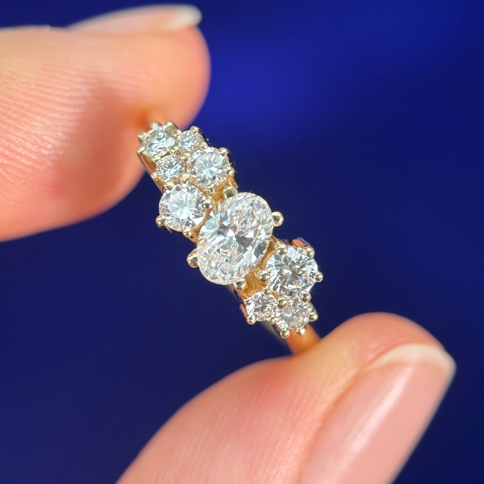 14k Yellow Gold and Oval and Round Lab Diamond Cluster Custom Ring, size 6.75