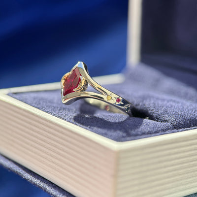 14k White Nickel-free Gold with 8x4mm Marquise Lab Ruby with 14k Yellow Gold Moons and Flash-set 6pc Red, Blue, White Diamonds on Tapered Band Custom Engagement Ring, size 5.5