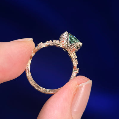 14k Rose Gold and Engraved-leaf-prongs 2.52ct Cushion VVS Lab Green Diamond Low-set on Brunches Band with 6pc Round Lab Diamonds Custom Ring, size 4.5
