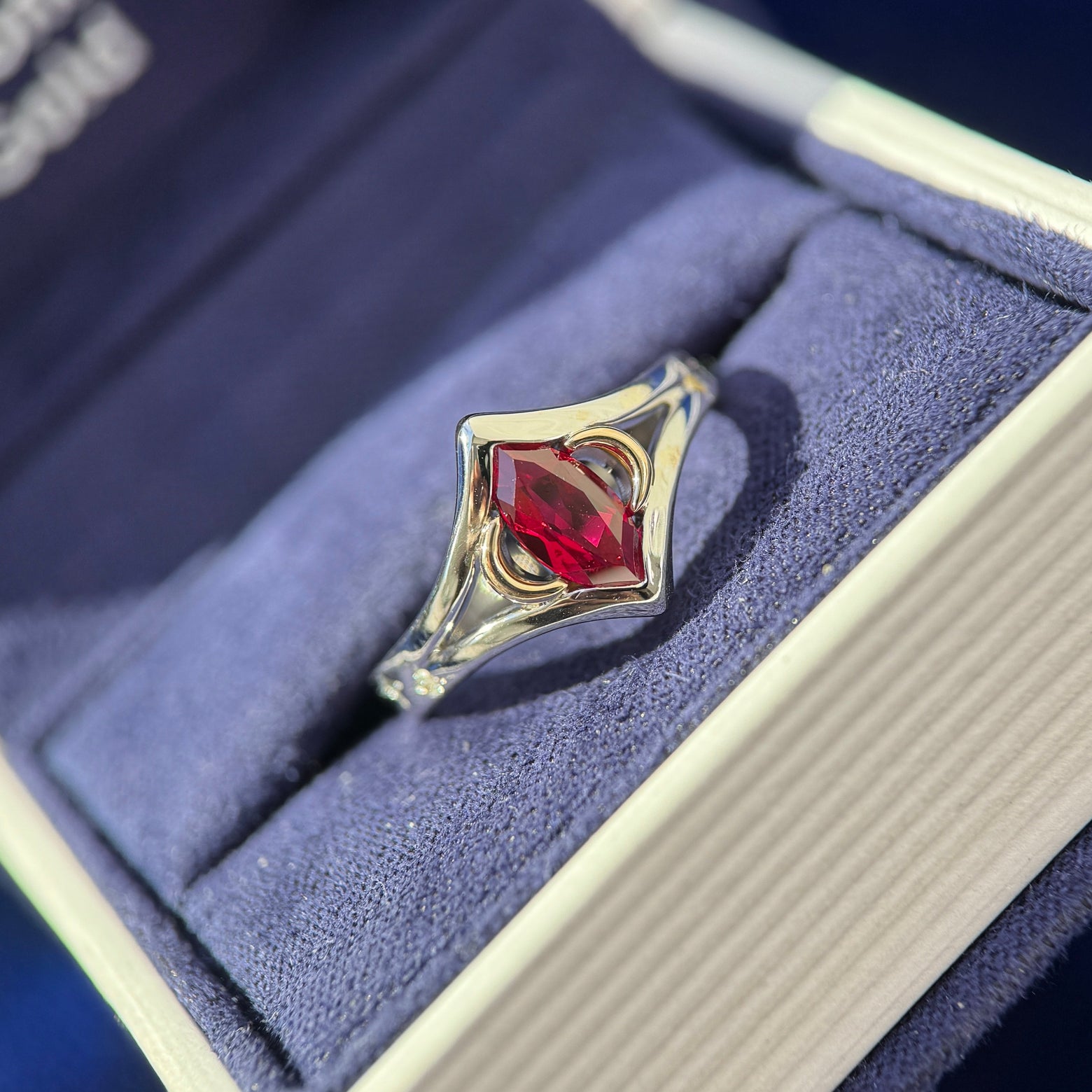 14k White Nickel-free Gold with 8x4mm Marquise Lab Ruby with 14k Yellow Gold Moons and Flash-set 6pc Red, Blue, White Diamonds on Tapered Band Custom Engagement Ring, size 5.5