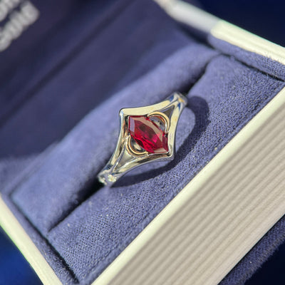 14k White Nickel-free Gold with 8x4mm Marquise Lab Ruby with 14k Yellow Gold Moons and Flash-set 6pc Red, Blue, White Diamonds on Tapered Band Custom Engagement Ring, size 5.5