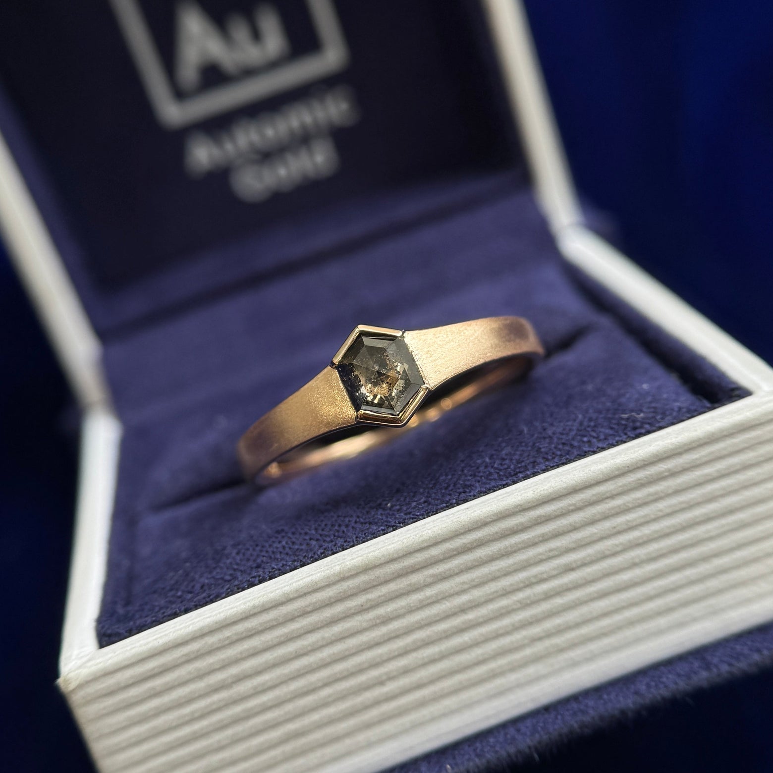 14k Peach Gold Half-bezel-set 0.60ct Hexagon Salt and Pepper Diamond on Tapered Satin Band Custom Ring, Size 11