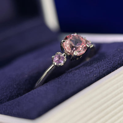 14k Champagne Gold and 6mm Round Light Pink Lab Sapphire with 2pc 2.4mm Lavender Natural Sapphires Custom 3-stone Ring, size 9