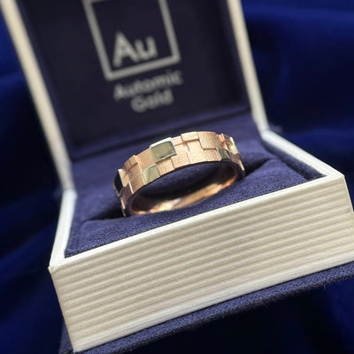 14k Rose Gold 6mm width Band with Geometric 14k White Gold Shapes Soldered in Custom Ring, size 9