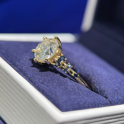 14k Yellow Gold & Prongs-set 2ct Round Lab Diamond with Graduating in size and color Round Blue Sapphires Thin Band Custom Ring, size 8