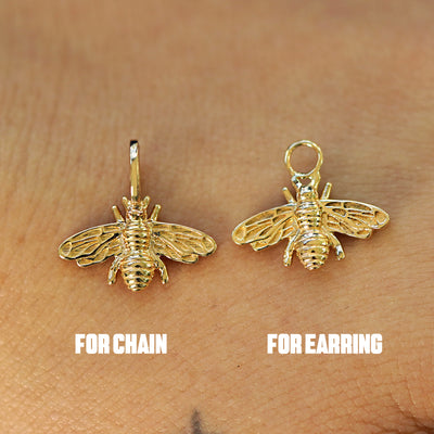 Two 14 karat solid gold Bee Charms shown in the For Chain and For Earring options