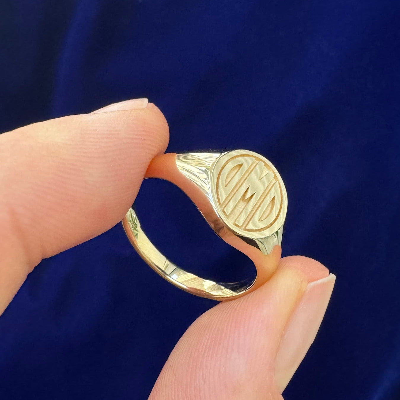 14k Yellow Gold DMD Initials Engraved On Oval Signet 3-12mm Tapered Band Custom Ring