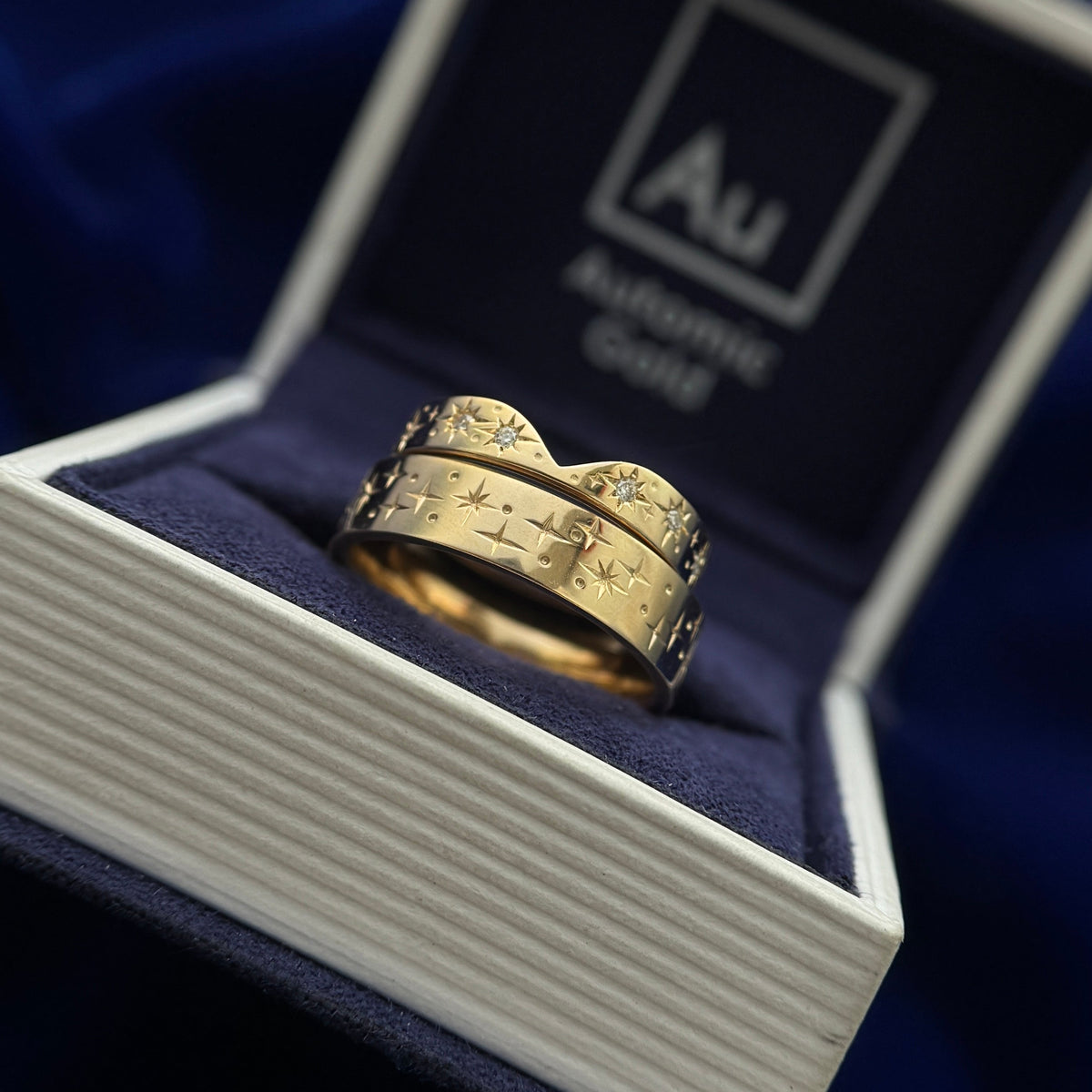 14k Yellow Gold Stars Moon and Sun Matching Couple Bands Rings , size 4.75 and 7.75