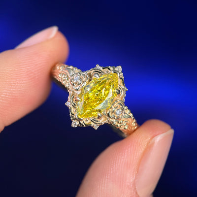 14k Yellow Gold and Customers 1.52ct Marquise Yellow Lab Diamond and Lab Diamonds Filigree Custom Ring, size 8