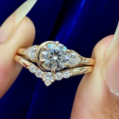 14k Yellow Gold Crescent Moon and Claw-prongs-set 8mm White Round Moissanite w/ Round Moissanite Cluster Custom Ring size 10
