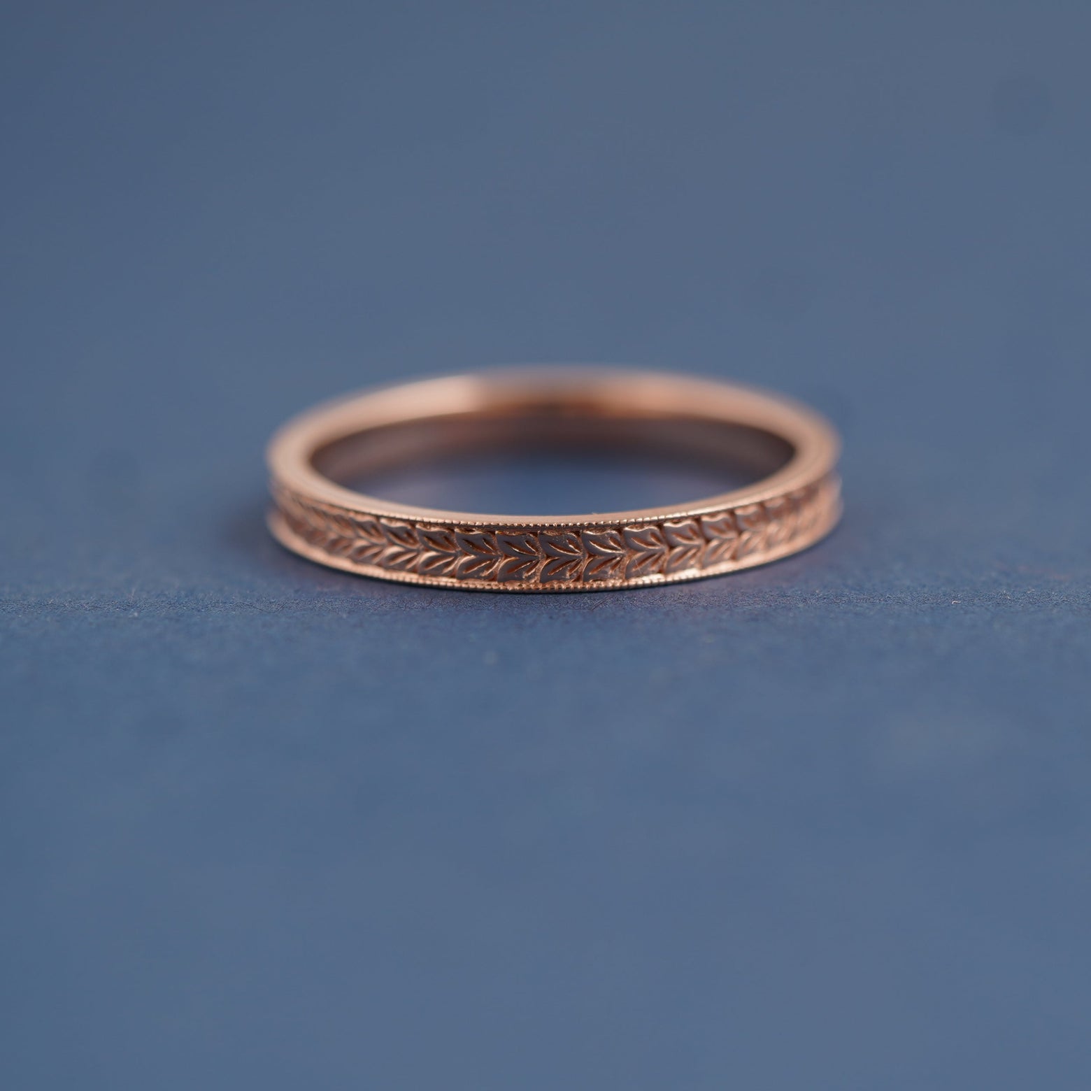 14k Rose Gold Custom Band with Double Leaves engravings and Milgrain Border 