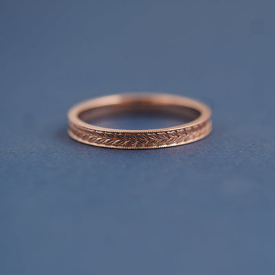 14k Rose Gold Custom Band with Double Leaves engravings and Milgrain Border 