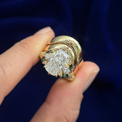 18k Yellow Gold with 3.5ct Cushion Lab Diamond and Green+Orange Sapphires Sunrays Engraved Sunset Inspired Custom Couple Rings set size 5 and 6