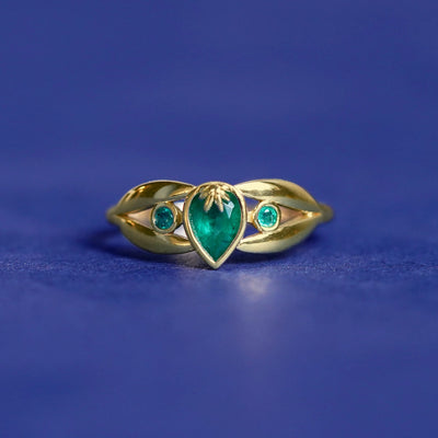 20k Yellow Gold with Pear Emerald Leaves 3-stone Custom Engagement Ring