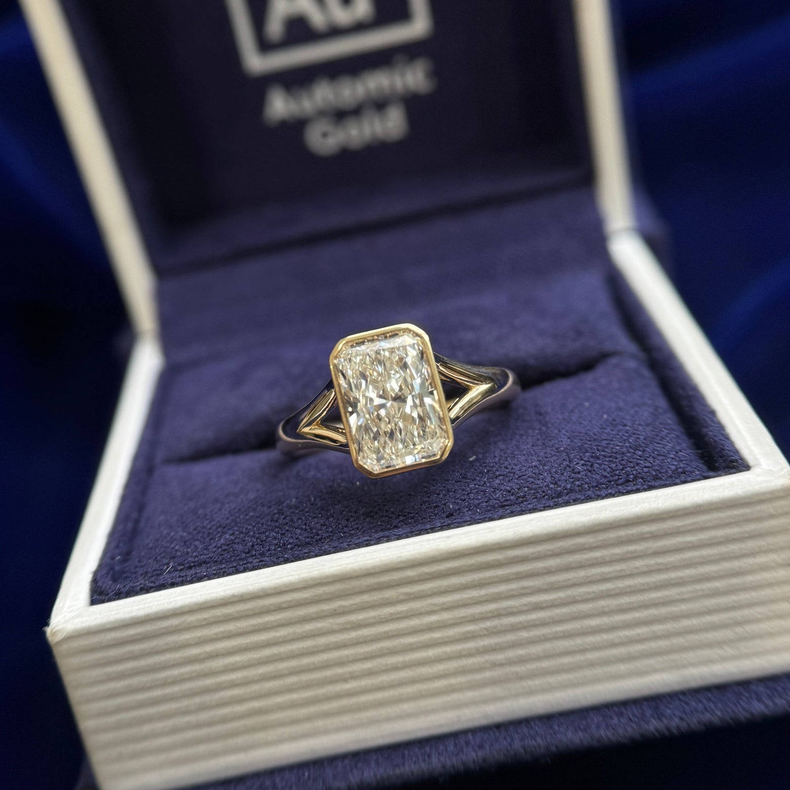 14k Yellow Gold and Low-bezel-set 2ct Radiant Lab Diamond on Split Shank Custom Ring, size 5.5