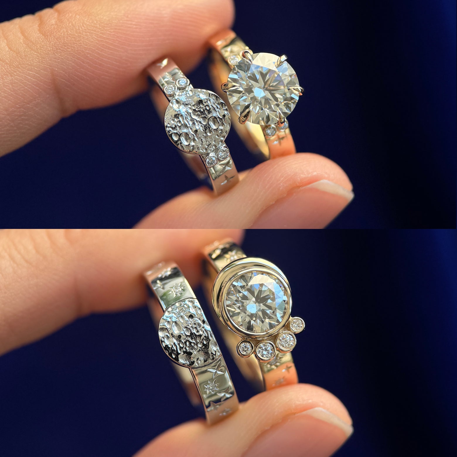 14k Yellow Gold and Lab Diamond Custom Matching Couples Engagement Rings with a 950 Platinum Textured Moon Travel Ring Copies 4 Rings Set, size 4 and 7