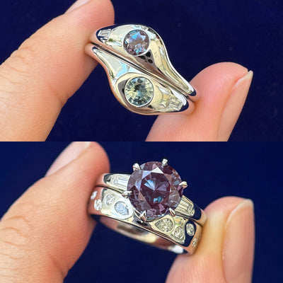950 Platinum and 4mm and 8mm Round Lab Alexandrite with Heirloom Diamonds reset into Couples Engagemgent and Wedding Rings Set, size 