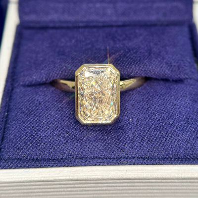 14k Yellow Gold and Open-bezel-set 4ct Radiant Lab Diamond on 2.5mm Mix Mirror Band Custom Ring, size 9