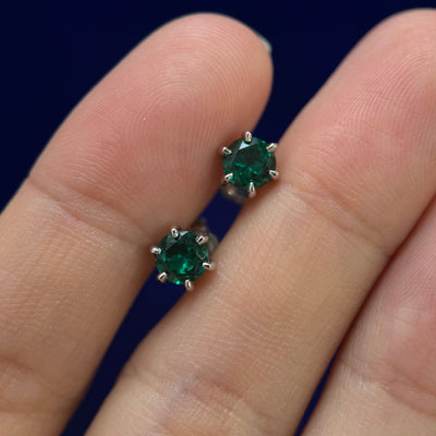 14k White Gold 6mm Prongs set Round Lab Emerald Studs with Large Backs