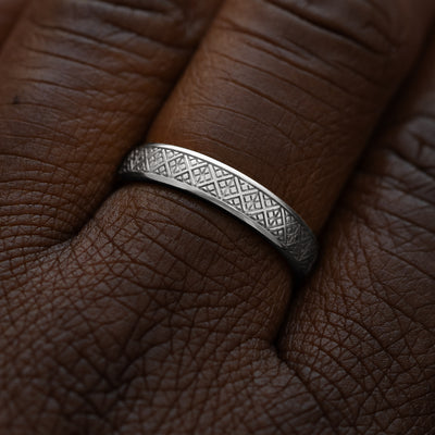 Close up view of a model wearing a solid 950 platinum diamond patterned band