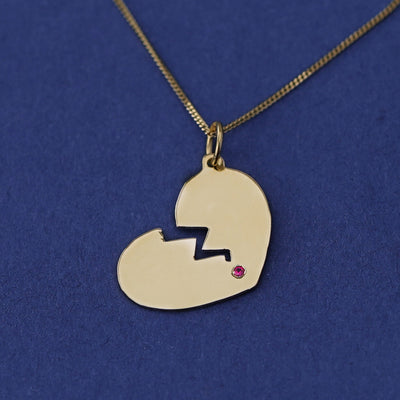 14k Yellow Gold Broken Heart with Ruby Pendant on Essential Chain Custom Necklace