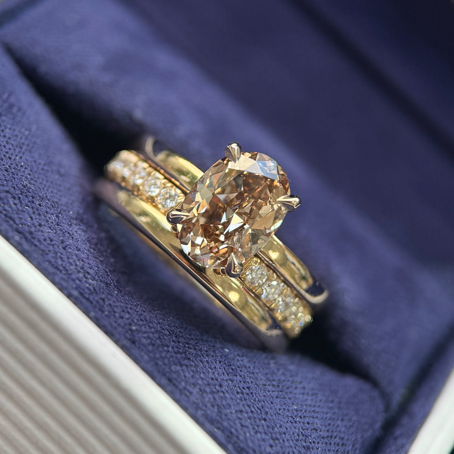 14k Yellow Gold and 1.5ct Champagne Oval Lab Diamond with Pave Clear Lab Diamonds 3 rings Custom Rings Set, size 5