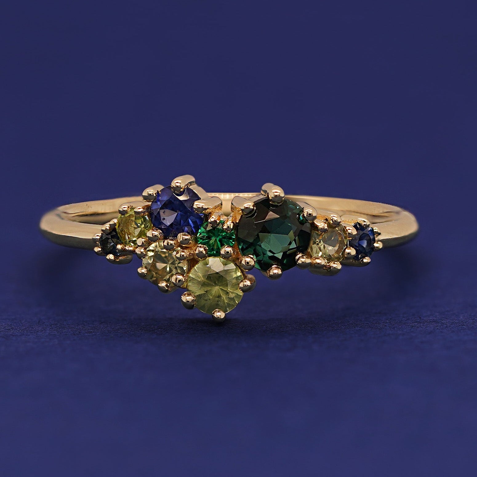Cluster of Green Teal Blue Sapphires Custom Ring