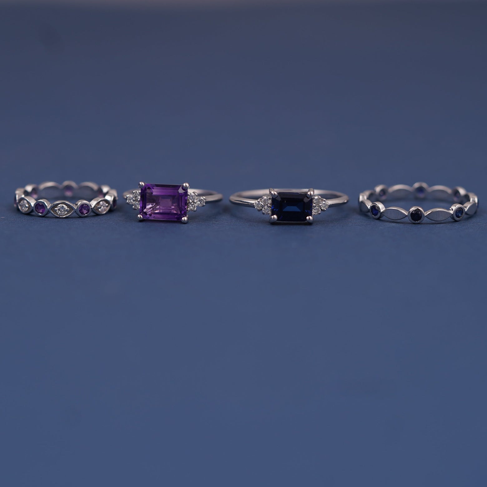 14k White Gold Emerald Lab Sapphires with Lab Diamonds Custom Engagement and Wedding Bands Couples Rings Set
