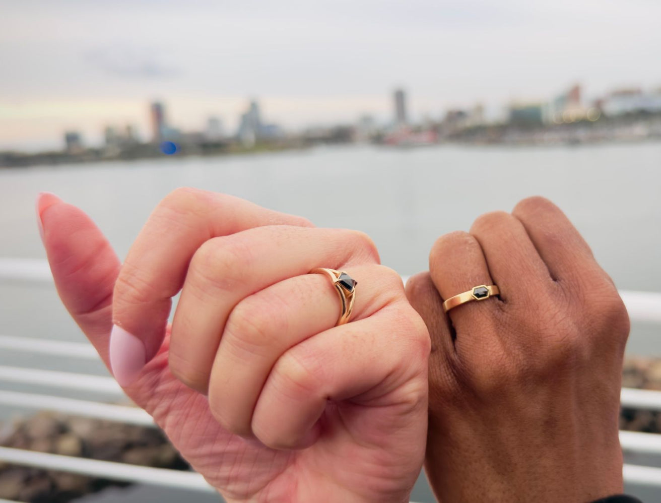 A couples hand wearing their black diamond engagement rings on a pier in front of the nyc skyline