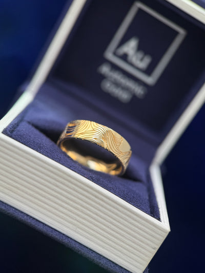14k Yellow Gold Unique Non-repeating Waves Engraved Outside and Whale Engraved on the inside of 6mm Industrial Comfort-fit Band Custom Ring, size 7