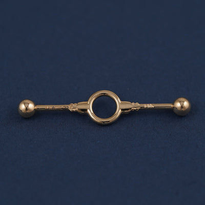 back view of 14k Yellow Gold Industrial Barbell Vintage Inspired Custom Piercing