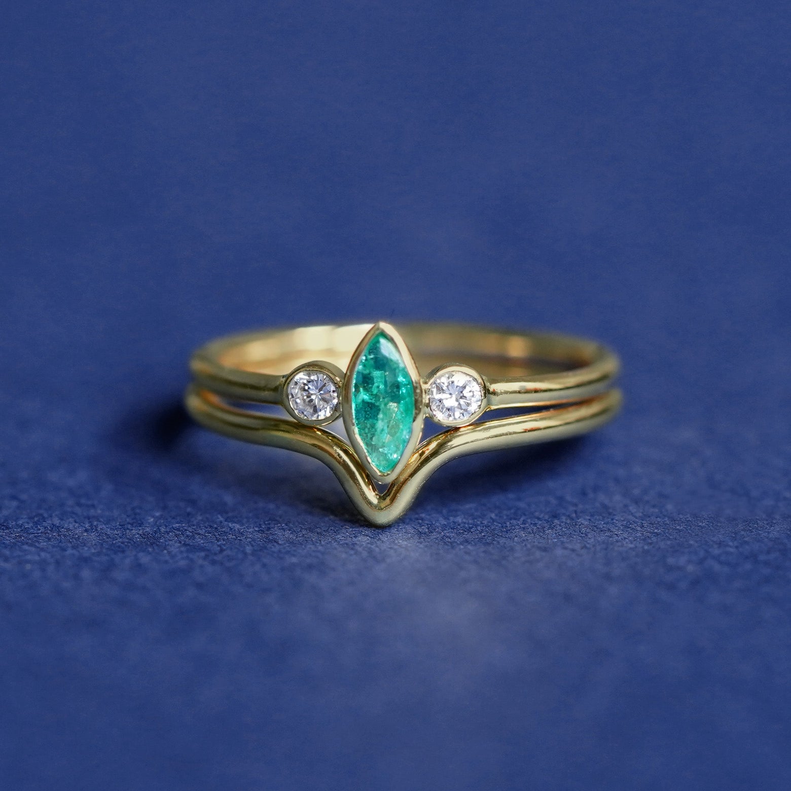 14k Yellow Gold with Marquise Emerald and Diamonds with Nesting Band Custom Engagement and Curved Around Wedding Band Rings Set
