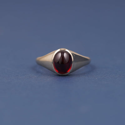 14k Yellow Gold and Oval Cabochon Lab Ruby Custom Signet Ring