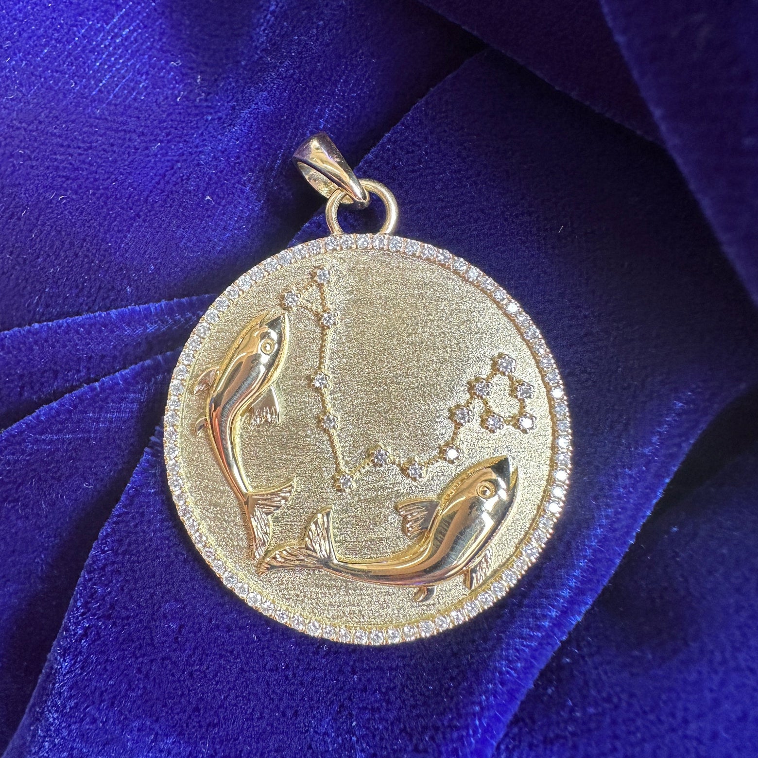 18k Yellow Gold 100pc 1mm Diamonds from Customer Heirloom Ring re-made into Custom Fish Pisces Zodiac Pendant