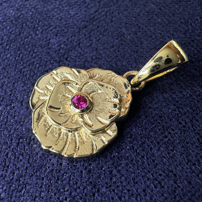 14k Yellow Gold and Bezel set Round Small Ruby Poppy Flower Custom Pendant Charm