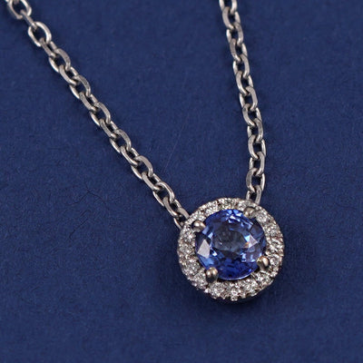 14k White Gold and Prongs-set Sapphire with a Halo of Diamonds Thick Cable Chain Custom Necklace