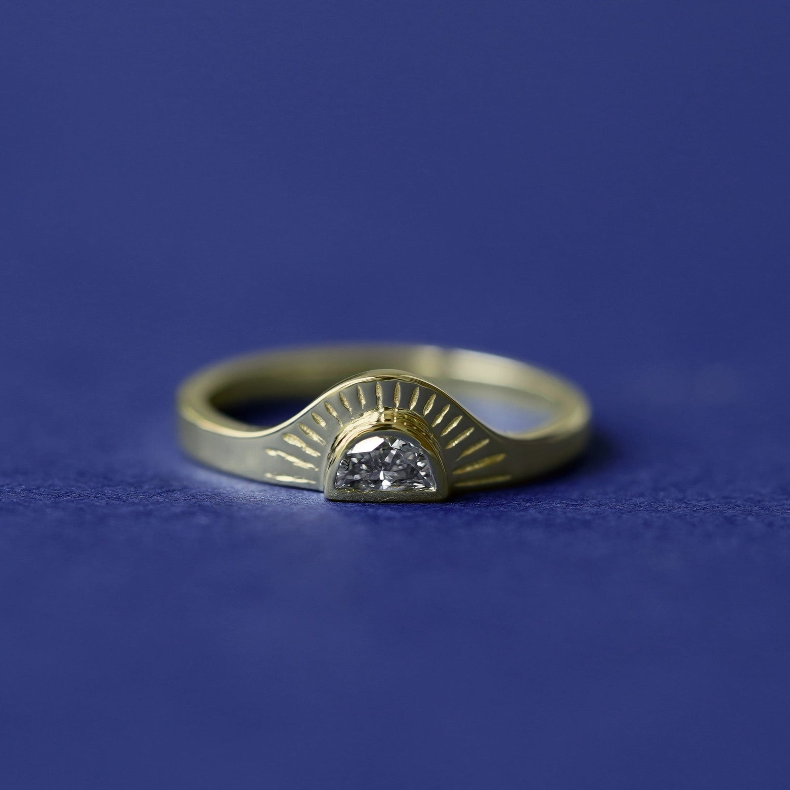 14k Yellow Gold and Moon cut Diamond with Sunrays Custom Engagement Ring