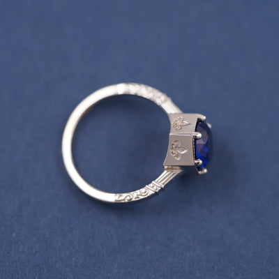 14k White Gold and 1.5ct Round Lab Sapphire Vintage Inspired Custom Ring
