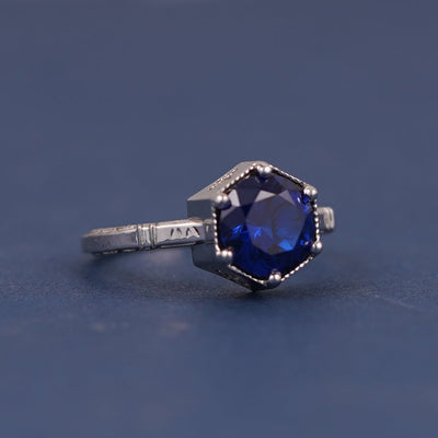 Vintage Inspired Custom Ring in white gold and lab sapphire