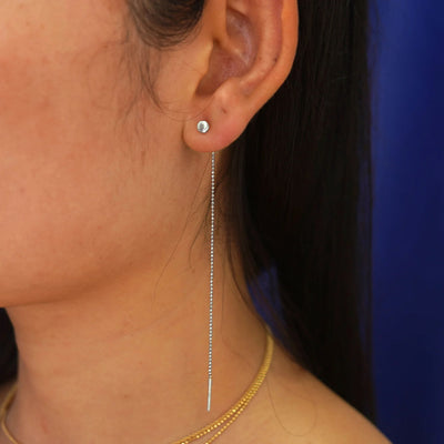 Close up view of a model's ear wearing a white gold 
Circle Threader