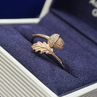14k Rose Gold Leaf and Acorn with Pave Lab Diamonds on Thin Band Custom Ring, Size 7