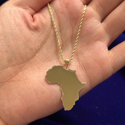 14k Yellow Gold 1.25" Tall Custom Africa 6g Custom Pendant on Thin Rope Chain