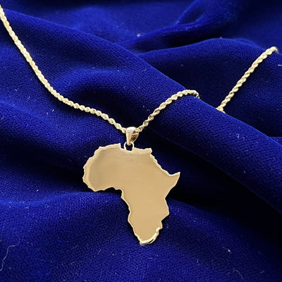 14k Yellow Gold 1.25" Tall Custom Africa 6g Custom Pendant on Thin Rope Chain