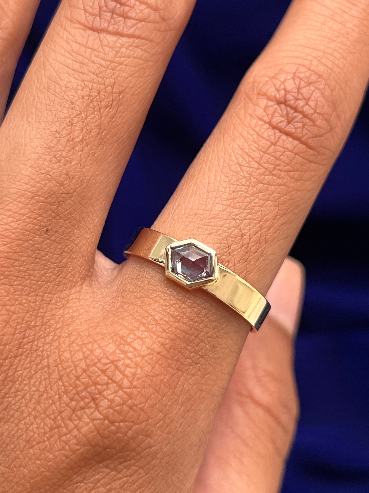 14k Yellow Gold and Rose Step Cut Elongated Hexagon Lab Alexandrite on 4mm Band Custom Ring, size 9.75