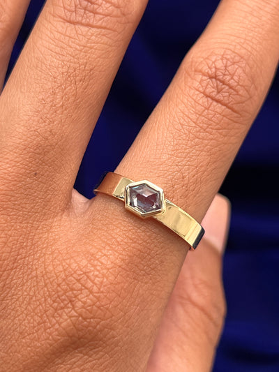 14k Yellow Gold and Rose Step Cut Elongated Hexagon Lab Alexandrite on 4mm Band Custom Ring, size 9.75