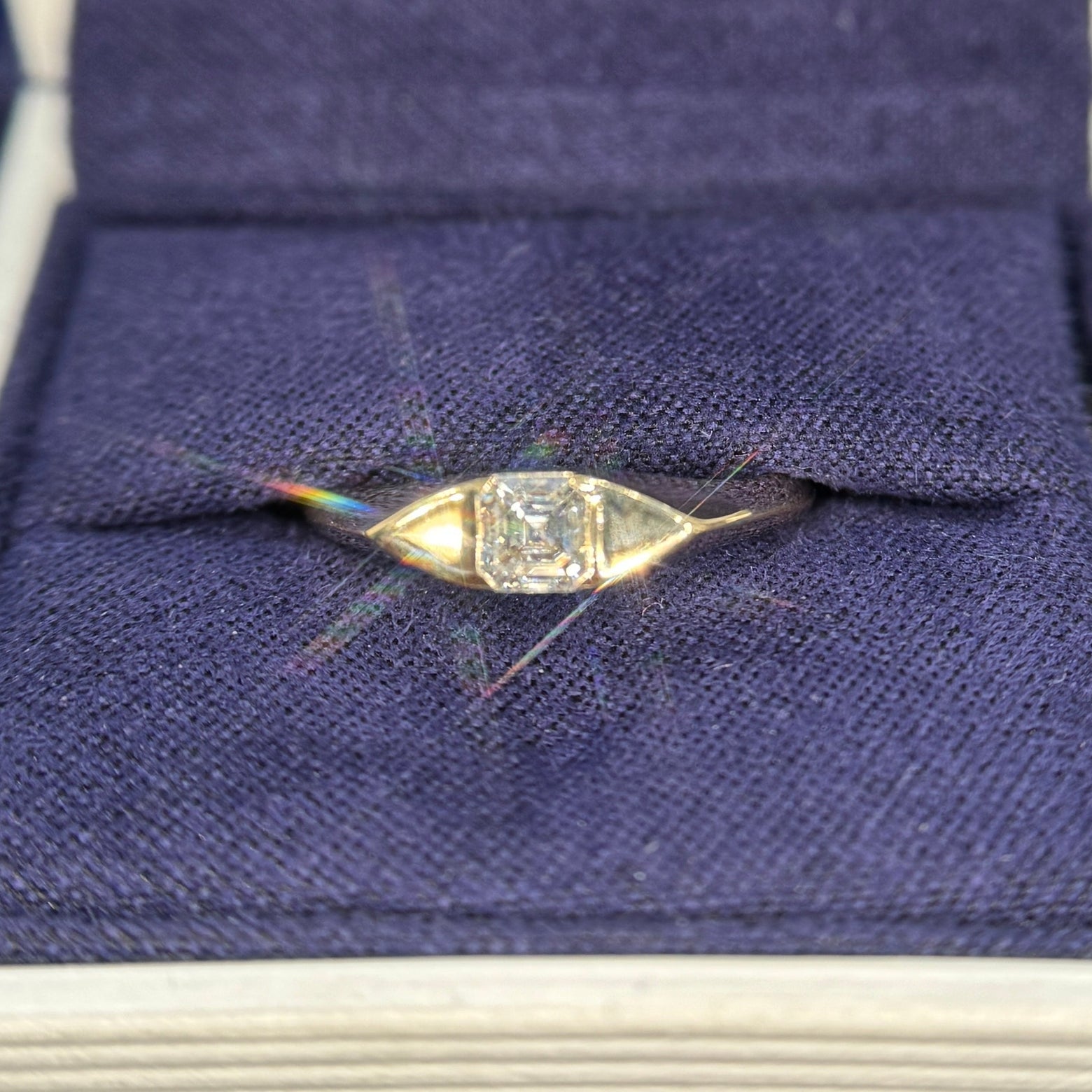14k Yellow Gold and 4x4 Asscher Cut Lab Diamond Tension-set on Flat Marquise Signet Ring, size 6.5