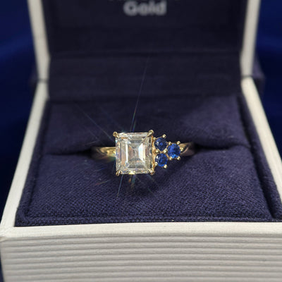 Customers 6.3g of 14k Yellow Gold and Customers 1.94ct Asscher Diamond with 4pc Gems off-set Cluster on 2.5mm Mix Mirror Band Custom Ring, size 7.5